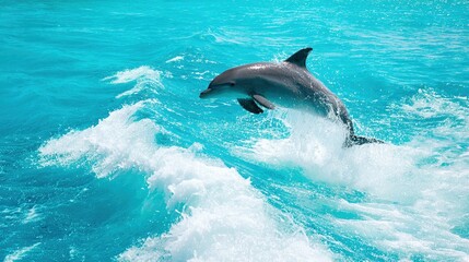 cetacean. Dolphin leaping from turquoise ocean waters, dynamic marine life in motion. wildlife magazines, conservation campaigns, designed for nature documentaries and education.