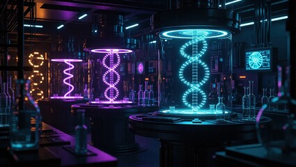 Futuristic Laboratory with DNA Helix Displays.
