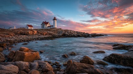 Stunning Sunset at Eastern Point Lighthouse: An Iconic Landmark along Cape Ann Coastline in Gloucester, Massachusetts