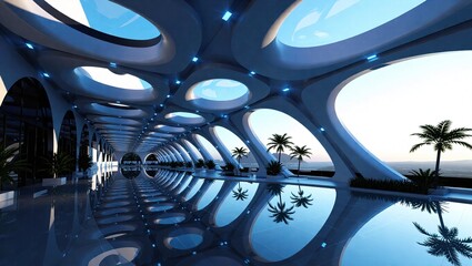 Futuristic Luxury Spa Interior with Indoor Pool and Tropical View.