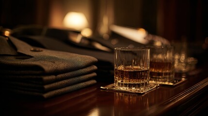 A cozy scene featuring neatly folded suits and glasses of whiskey in a dimly lit setting, creating an intimate atmosphere.
