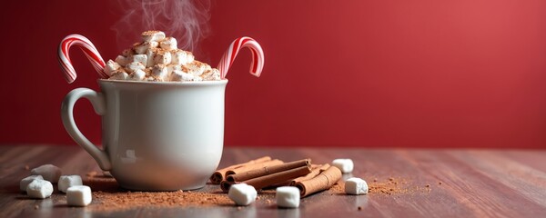 Steaming hot chocolate mug topped with fluffy marshmallows, candy canes, cocoa dust. Cinnamon sticks, sweet marshmallows on wood table. Cozy winter holiday drink with red background. Warm festive