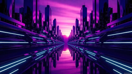 Futuristic Neon Cityscape at Sunset with Reflections.