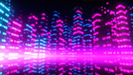 Futuristic Neon Cityscape with Glowing Buildings and Reflections at Night.