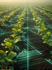 Fresh Crops in a Field With Digital Technology Overlay for Modern Agriculture Practices