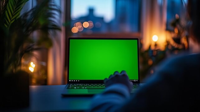 Person working late on a laptop with a green screen and cozy, blurred bokeh lights creating a warm evening ambiance - Powered by Adobe