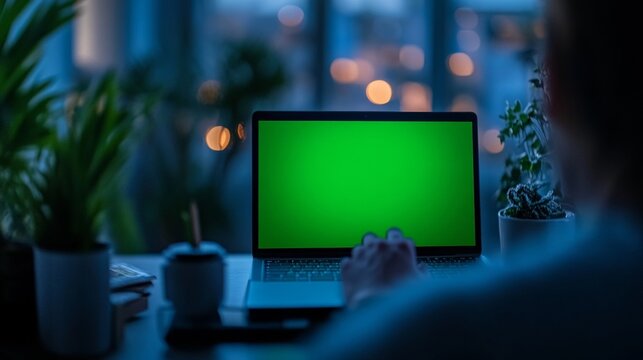 Focused individual working late on a laptop with a vibrant green screen in a modern, dimly lit home office setting