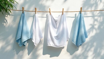 Clean white and blue fabric items dry on clothesline attached by wooden pegs. Sunlight creates dappled shade patterns on the wall as laundry airs outside.