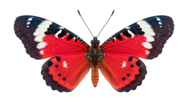 Vivid red butterfly with black, white details against a black background