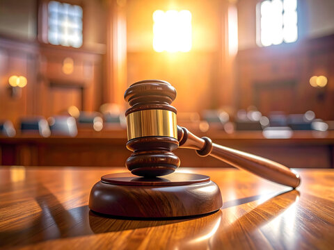 Judge's gavel on a wooden desk in a courtroom