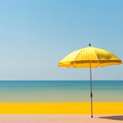 Vibrant yellow beach umbrella stands ready for sunny day relaxation by tranquil ocean waters under clear blue sky