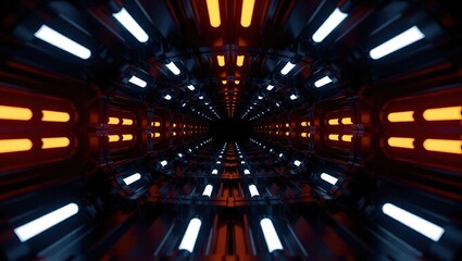 Futuristic Sci-Fi Tunnel with Glowing Orange and White Lights.