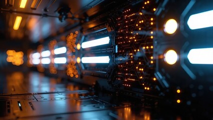 Futuristic Sci-Fi Tunnel with Neon Lights and Reflective Surfaces.