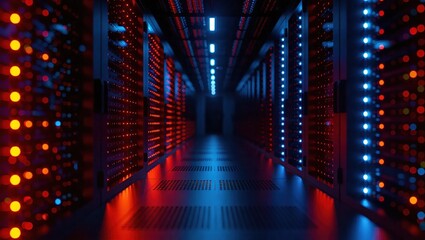 Futuristic Server Room with Glowing Racks and Data Flow.