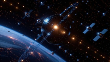 Futuristic Space Station Orbiting Earth with Satellites and Stars.