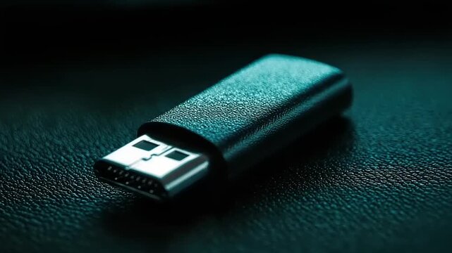 Close-up macro of a black USB flash drive on a textured surface.