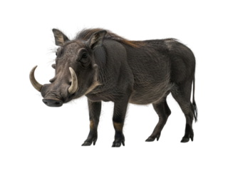 Warthog stands portrait, facing left. Dark gray skin, prominent tusks