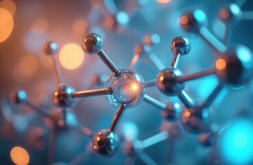 Abstract molecular structure with blue and orange lights. Metallic spheres connected by rods form an atomic lattice. Scientific visualization for chemistry and research.