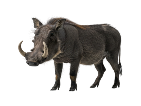 Warthog stands portrait, facing left. Dark gray skin, prominent tusks