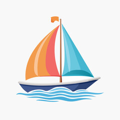 Fototapeta premium Colorful Sailboat Floating on Water with Wavy Lines.