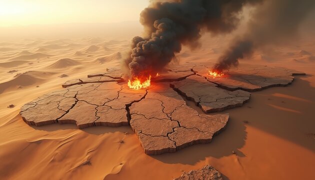 Middle East landscape. Fire and smoke rise from cracked arid earth. Desert sand dunes in hot climate. Illustration shows middle east conflict devastation crisis violence.