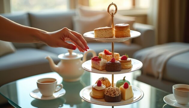 Elegant afternoon tea set with cakes. Woman picks cake on tiered stand. Teapot and cups on table. Luxury hotel setting. Tasty bakery food snack with fresh pastry served.