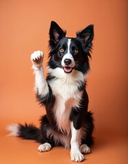 Fototapeta premium Happy black white border collie dog sits on orange background. Smart pet raises one paw, smiles in studio. Friendly canine asks for attention, performs trick. Loyal pup looks at camera, shows love,