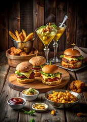 A delicious spread of american comfort food featuring burgers, fries, and other tasty treats arranged on a wooden table