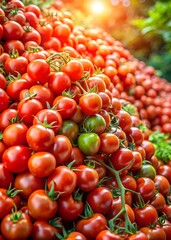 Abundance of ripe red cherry tomatoes on the vine with a bright sunlight shining from above