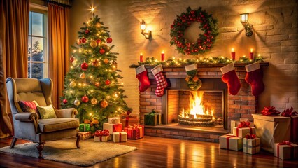 Fototapeta premium Festive christmas living room with tree, fireplace, and holiday decorations