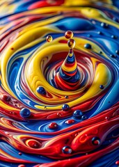 Abstract colorful liquid paint drop with swirling pattern of red, yellow, and blue creating a vibrant design
