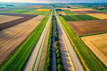 Aerial view of a highway cutting through farmland with fields of crops and green trees on a sunny day