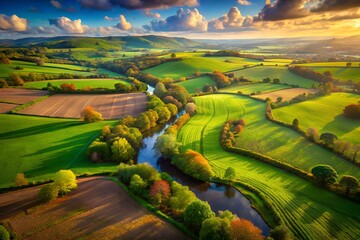 Breathtaking aerial view of the lush green countryside with a winding river in the heart of england