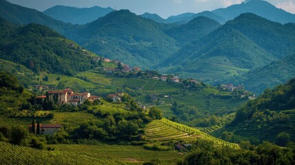 Obraz premium Breathtaking Valdobbiadene Countryside: Lush Vineyards and Rich Agricultural Heritage in Culinary Heaven