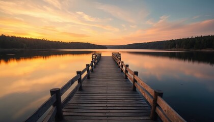 Obraz premium Long wooden pier reaches into calm lake water under colorful sky. Orange pink light reflects on smooth surface. Green forest lines distant shore at dawn dusk. Peaceful tranquil nature view. Beautiful