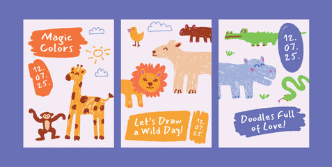 Obraz premium Playful jungle animals in doodle style. Cute lion, giraffe, hippo, crocodile, bear, monkey and snake. Bright colors. For kids poster, decoration, print or greeting design