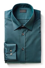 Folded teal dress shirt with a textured pattern isolated on white background for formal wear