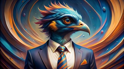 A sophisticated bird in a suit stands against a swirling, colorful backdrop, radiating confidence and style