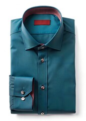 Folded teal dress shirt with textured pattern and red accents isolated on white background