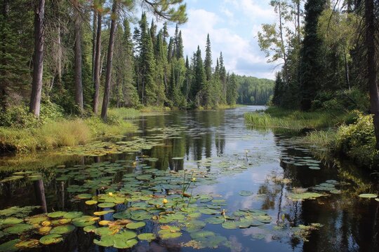 Tranquil Mabel Lake in Northwoods, Wisconsin: Serene Waters, Lush Pine Forests, and Vibrant Lily Pads
