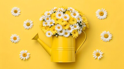 Bright yellow watering can overflowing with colorful spring flowers on a vibrant yellow background