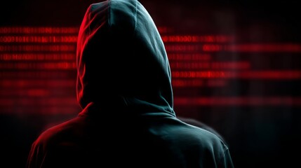 A hooded figure viewed from behind, shrouded in darkness with red digital code in the background, evoking a sense of mystery.