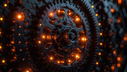 Intricate Mechanical Gears Illuminated by Glowing Orbs.