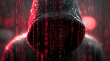 A mysterious figure with a hood shrouded in rain and red light, evoking a sense of intrigue and danger.