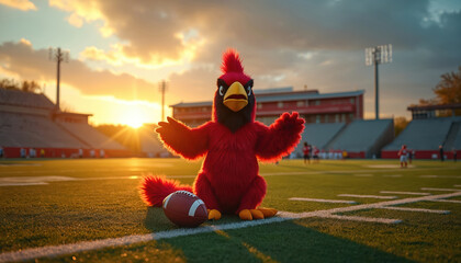Red cardinal mascot sits on green football field. Spreads arms, welcoming. American football ball lies next to mascot. Stadium bleachers, bright sunset light. Golden hour evening, sport team event,