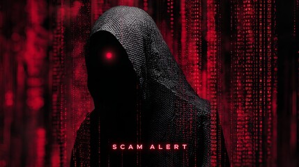 A mysterious figure cloaked in black with a glowing red eye, surrounded by binary code, symbolizes digital threats and scams.