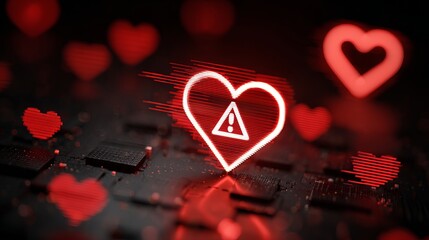 A vibrant digital heart with an alert symbol, glowing in red against a dark, textured background, creating a sense of urgency.