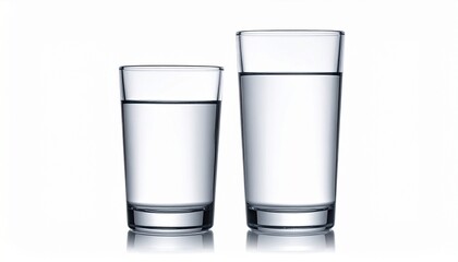 “Two clear glasses on white surface, one filled with water, one empty, soft lighting, minimalist contrast”