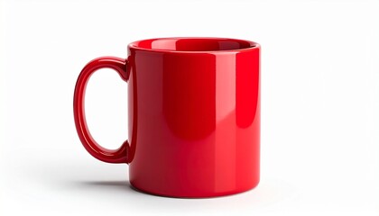 “Red ceramic mug on white background, glossy finish, bold color, minimalist product focus”