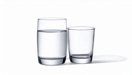“Two clear glasses on white surface, one filled with water, one empty, soft lighting, minimalist contrast”
